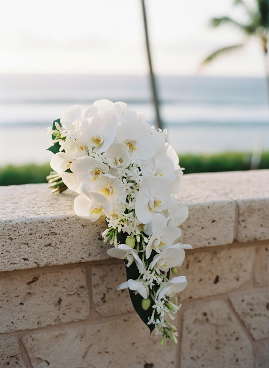 Cascading white orchid bridal bouquet