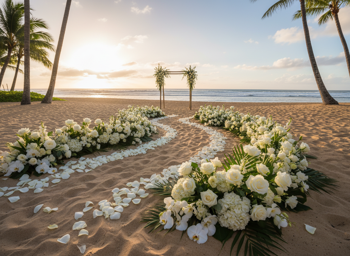 White petals along a sandy aisle