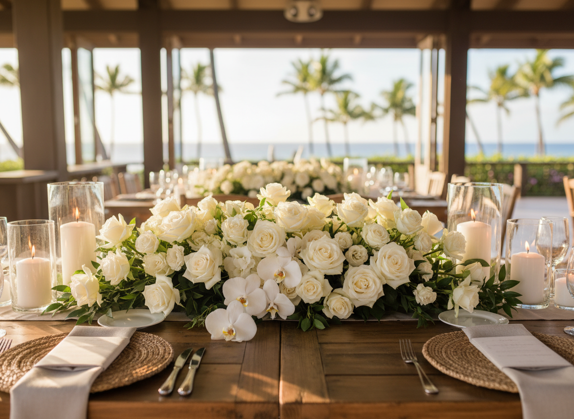 Low white rose and orchid centerpiece
