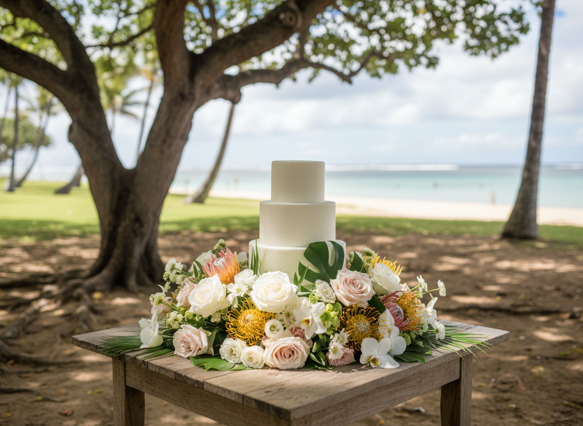 Flowers at the base of a wedding cake
